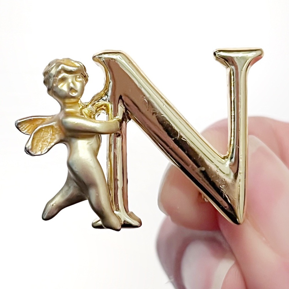 Vintage L Razza Lapel Pin Brooch Angel Letter N Initial Name Gold Shiny Cherub